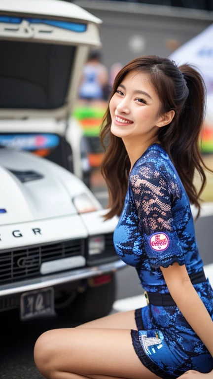 Highly detailed CG Unity 8K wallpaper, highest quality, Super detailed, masterpiece, realistic, photo realistic, Highly detailed cute girl, 25 years old, (whole bodyからつま先まで:1.2、(whole body)、(whole body to toes)、(shot from the side:1.2)、(sitting on the hood of a car)、(lace queen)、(sexy pose),(model pose)、(big breasts)、(big ass)、(smile at the camera)、( Smile while looking at the camera ),(whole bodyショット:1.2) ,(Side view:1.2)、(side shot:1.2)、(ponytail)、(photorealistic:1.3)、(Sponsored and wearing grid girl costume'logo is printed.:1.3), (shorts) , (sitting in a motorsport race), (Tamiya)、(SoftBank)、(looking at me and smiling)、