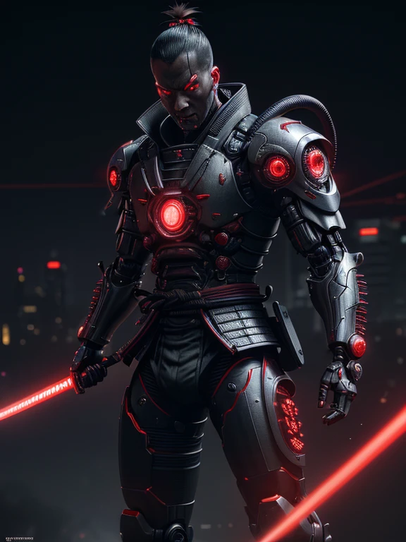 1 man,severe expression,glowing red eyes,samurai,full body,electromagnetic blade,cyborg,cyberpunk,realistic, sharp details, Intricでe details, ultra-realistic,digitally enhanced,3D References , 8K resolution, unapologetic grit, exposed exposed,sharp focus , UHD, 8K