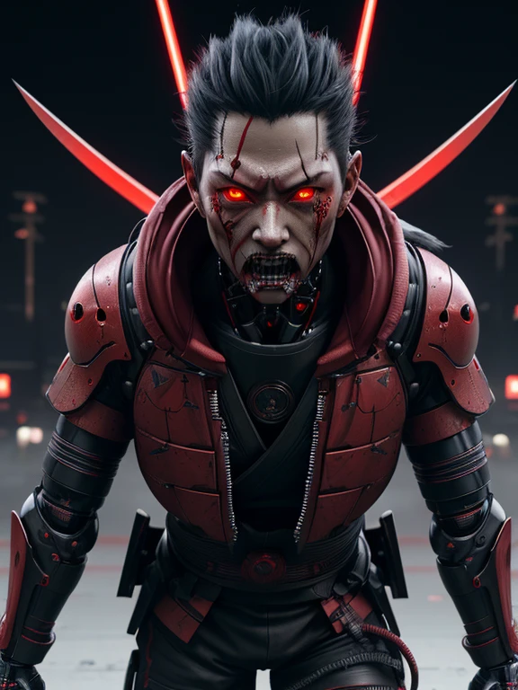 1 man,severe expression,glowing red eyes,samurai,full body,electromagnetic blade,cyborg,cyberpunk,realistic, sharp details, Intricでe details, ultra-realistic,digitally enhanced,3D References , 8K resolution, unapologetic grit, exposed exposed,sharp focus , UHD, 8K