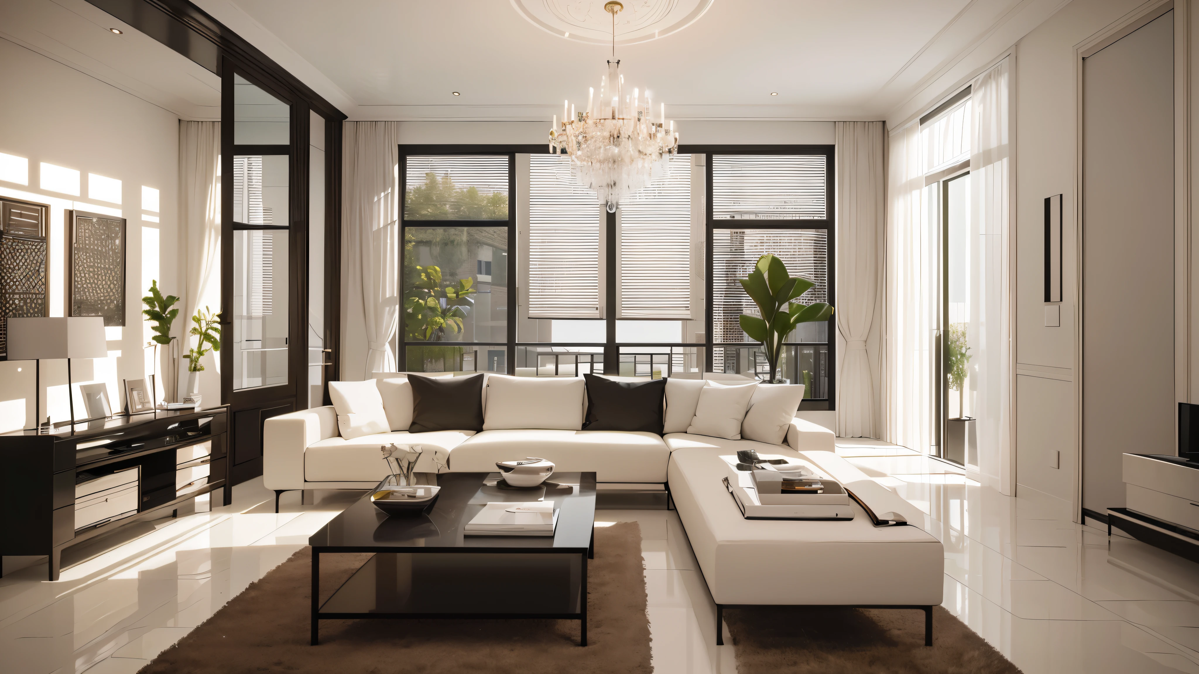 You are a famous interior designer、You have been asked to create a 3D image of a modern large room. Create a harmonious environment with modern and minimalist furniture. Including garden interior.
