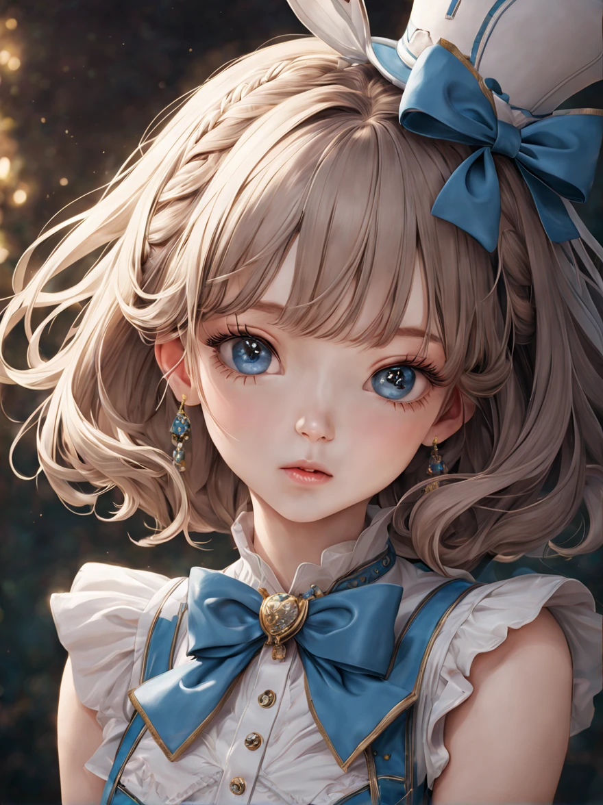 1 girl, masterpiece, highest quality, 8K, fine skin texture, fine cloth texture, beautiful detailed face, intricate details, Super detailed, alice in wonderland, (Bow on her head:1.1), Upper body