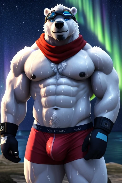 kemono:1.4, detailed, ultra realism shading, 3d render, 8k quality, CG realistic, male anthro polar bear, wearing blue and white hiking goggles on the head, furry, standing, solo, muscular, body builder, male focus, big, black nipple, facial hair, blue eyes, detail eyes, mane hair, middle-age, white body, blue boxer briefs, underwear bulge, casual brown gloves, Anchor Bracelet, red scarf, facing to the viewer, smiling, correct anatomy, Aurora borealis, arctic, night, starry night, masterpiece artwork, solo portrait, (((seduction))), (((seductive))), (((sexy)), (((sweating)), (((dominant)))