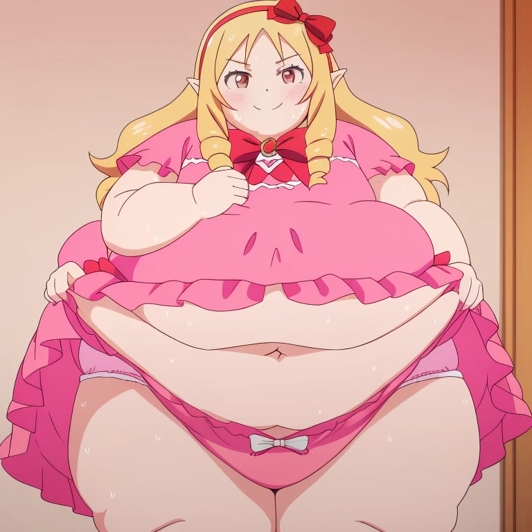 obese yamada elf, pink dress, pink panties, obese body, cute, fat belly, fat arms, thick thighs, hairband, long_hair, red_bow, , 8k, closed room, masterpiece, absurdres, anime, night, sexy, sweaty, smile