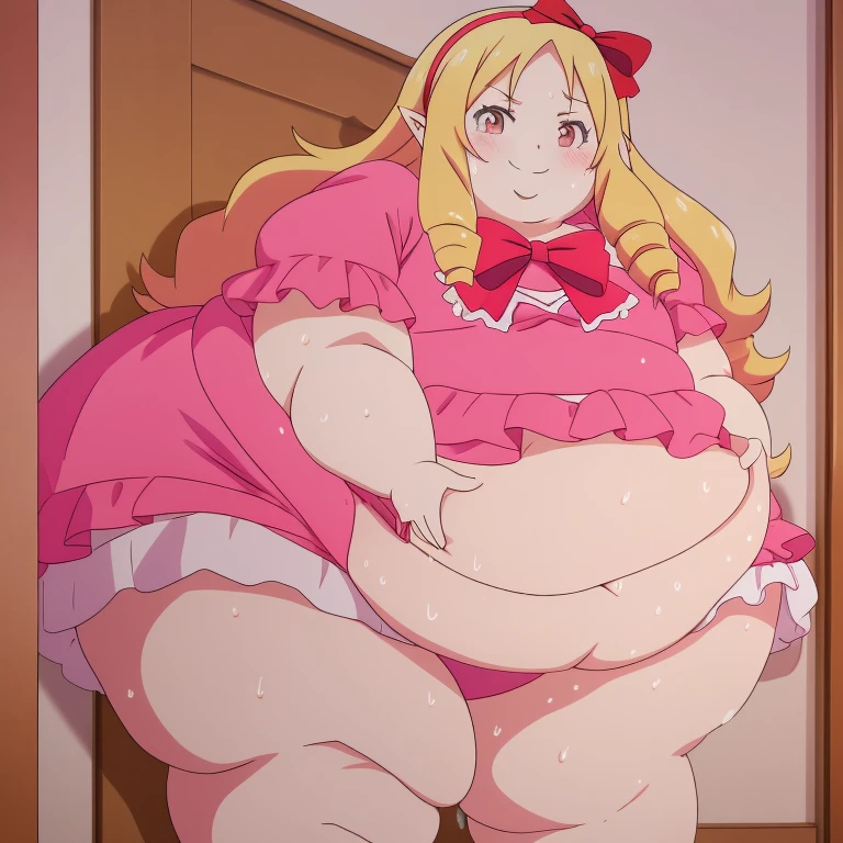 obese yamada elf, pink dress, pink panties, obese body, cute, fat belly, fat arms, thick thighs, hairband, long_hair, red_bow, , 8k, closed room, masterpiece, absurdres, anime, night, sexy, sweaty, smile