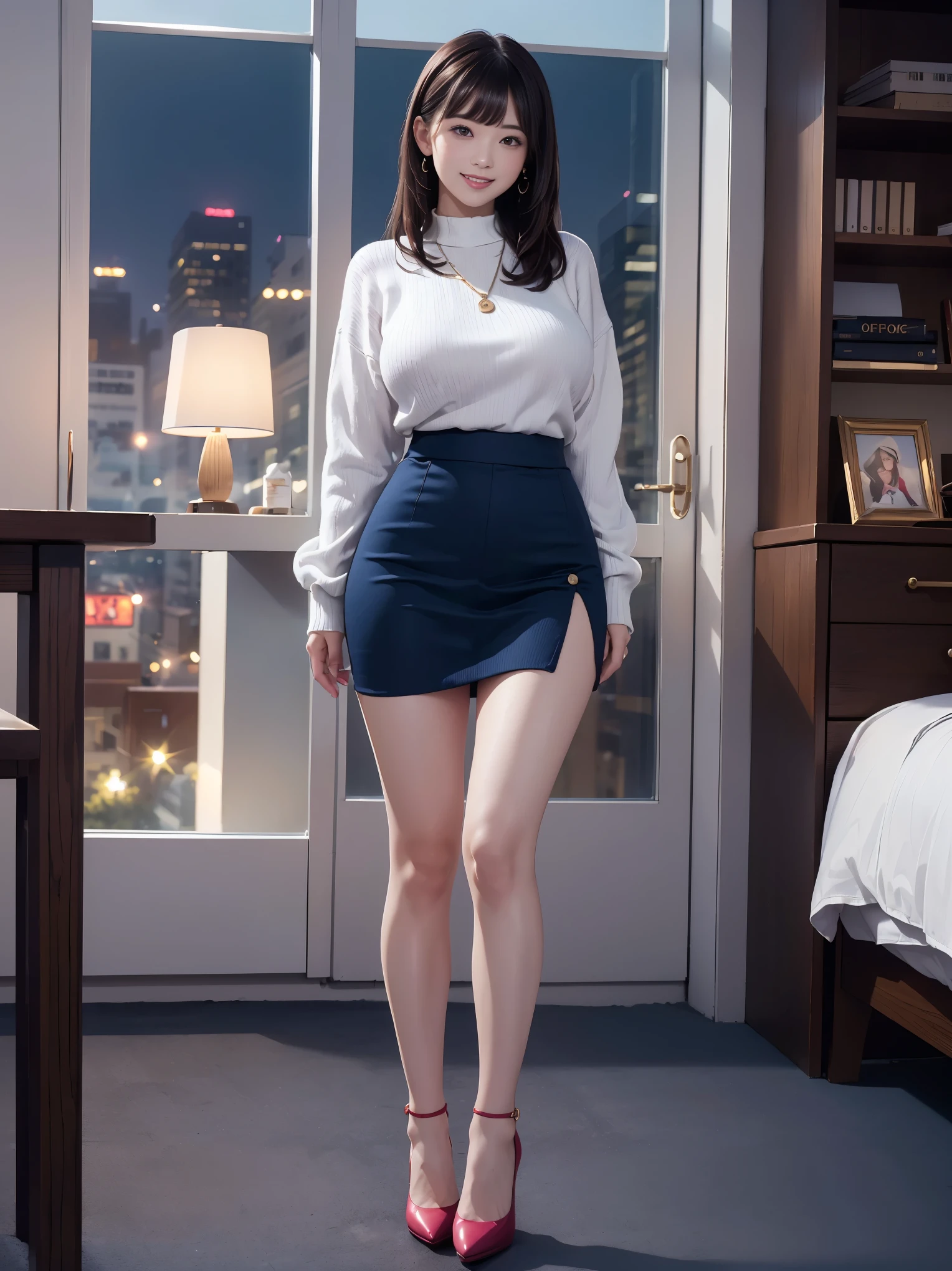 (Best Quality, Masterpiece, Photo realistic, Ultra Detailed, ultra high res, raw:1.3), (5 girls+, group shot:1.2), beautiful, Japanese, mature, 28yo, office workers, (tight knit sweater, mini-skirt), ({gold| silver| wine red| blue| navy| pink} clothes), long hair, (bangs), high-waist, necklace, (smile), (indoors, office, night, city landscape), (long legs, high heels, full body:1.2), (big breasts:1.3), (crowd)