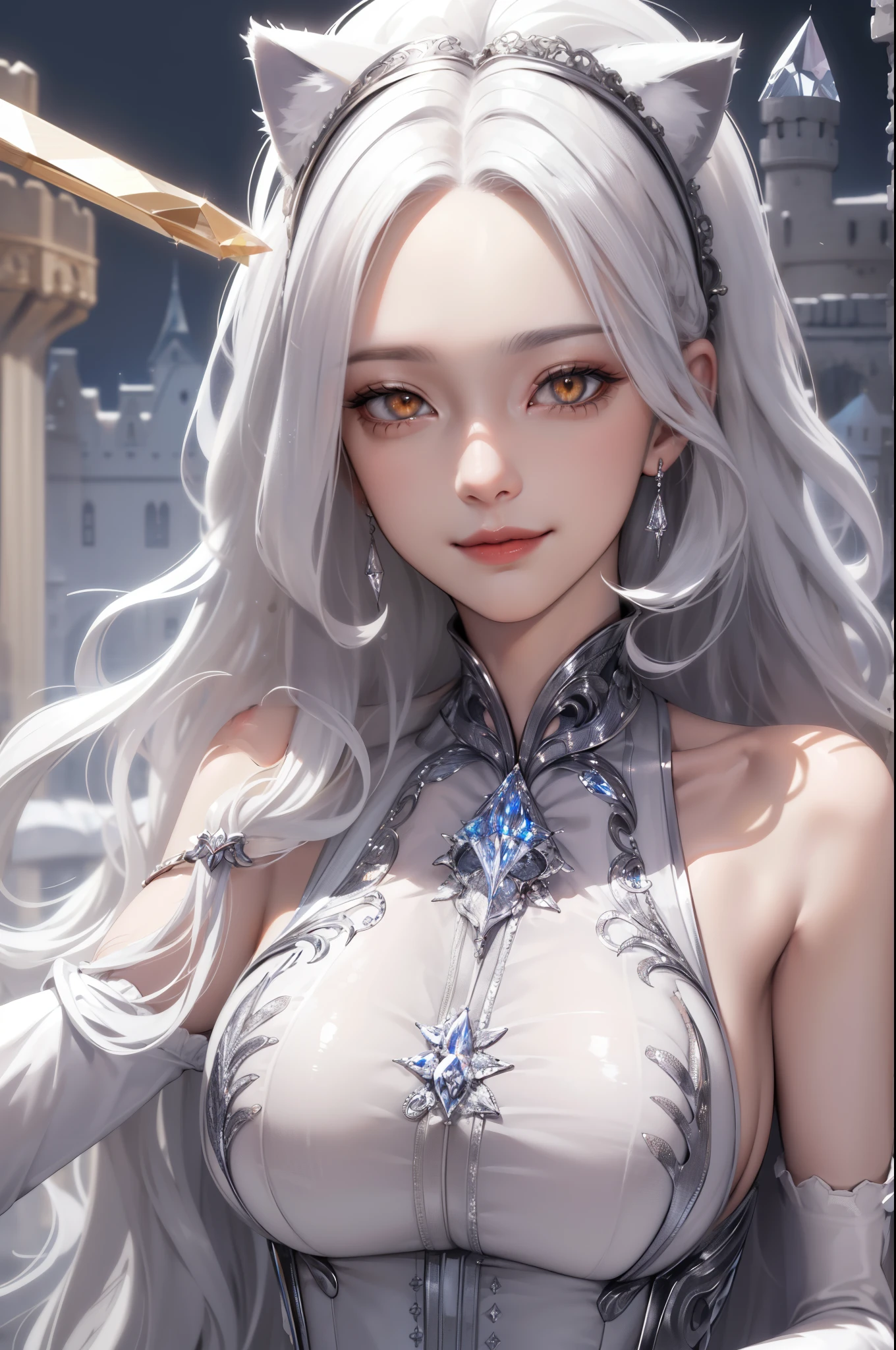 (masterpiece:1.2, best quality), (real picture, intricate details), (1lady, solo), upper body, close-up face, casual, natural fabrics, smile, Top Quality, Masterpiece, Hi-Res, Beautiful Face, photography, High Resolution, 4k, 8k, Asian face, platinum arm sleeve, detailed face, detailed eye, exposed shoulder, (((golden eyes, platinum cat ears, giant breast:1.5, platinum hair:1.5, crystal clothes:1.5, long curly hair:1.5, forehead, long locks))), ((platinum hair:1.5, crystal clothes:1.5)),  ((background castle: 1.5)), crystal crown,  