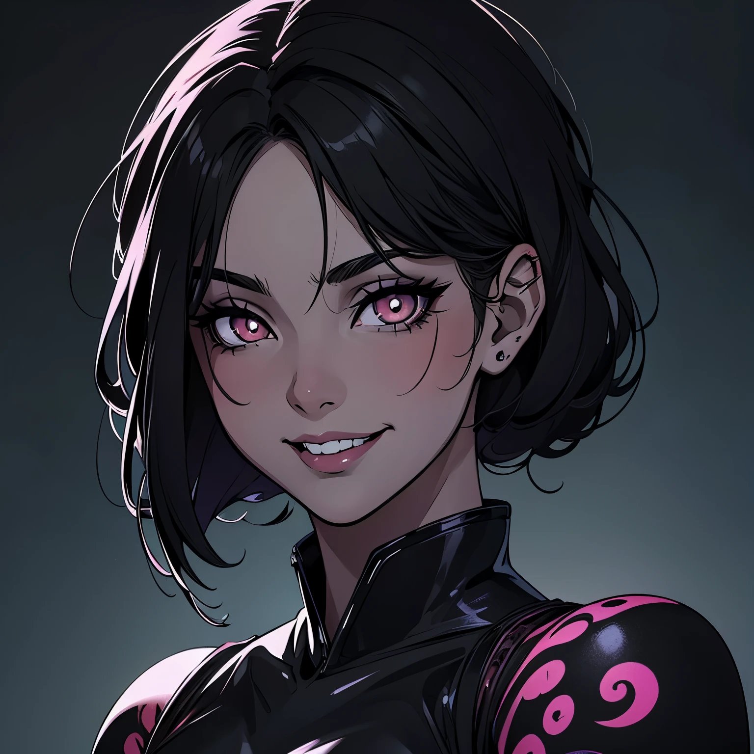 best quality, manga style, beautiful woman face, fear, horror-like smile, eyes and mouth painted in matte black, light up, background black, dark