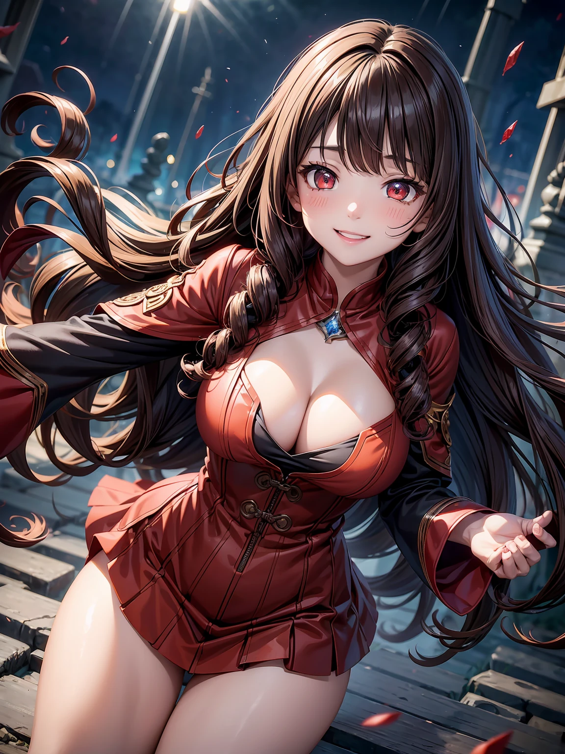 japanese girl, cute、brown hair、iris flower decoration、((Vertical wavy curly hair、Scarlet eyes、drooping eyes:1.2))、shiny and smooth hair, thick bangs、slender body shape、(happy smile:1.2), highly detailed face and eyes, highest quality, ultra high resolution, Super realistic oily shiny skin, Super detailed, 8K, RAW photo, perfect anatomy、Depth of bounds written、 witch costume、The magic of lightning、((battle scene:1.3))