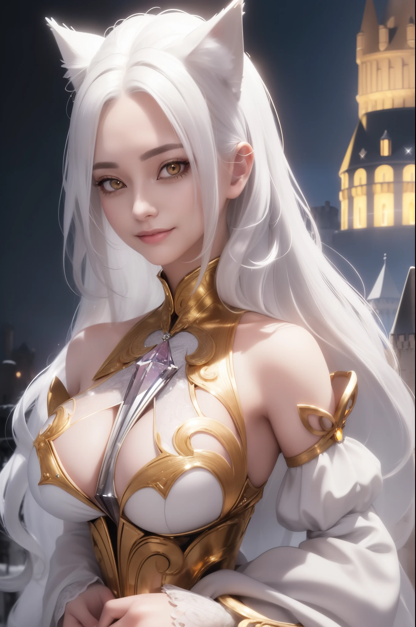 8k,Magnificent Fangs,white mohawk hair,A close-up of a girl wearing a white cat ear costume(Like the real thing) ,Muscular macho body,Gorgeous green and black armor,white mohawk hair,Lavish decoration,Green Eyes,Ultra-Realistic Skin,Fangs are visible from the mouth,Portrait of a Knight, ig model | ArtJam, Very detailed artgerm, Fan Art Best Art Station, 2. 5d cgi animation,Gorgeous Mature Paladin, Detailed digital anime art, Alexandra Fomina Art Station, ArtJam ; 3d unreal engine5,Ultra-high resolution,A kind smile,Strong,Highest quality photorealistic RAW photos。Backlight、Cinema Lighting、Film Grain、50mm lens、Nikon D850、Ultra-Realistic Skin、Fantasy art、Character Art、Ultra-high resolution、muscular and slim body、Ultra-Realistic Skin、Super Muscular Beauty,Clenching his fist and striking a dynamic pose,Showing cleavage,Super Muscular Beauty,Female bodybuilder body types,Very large breasts,