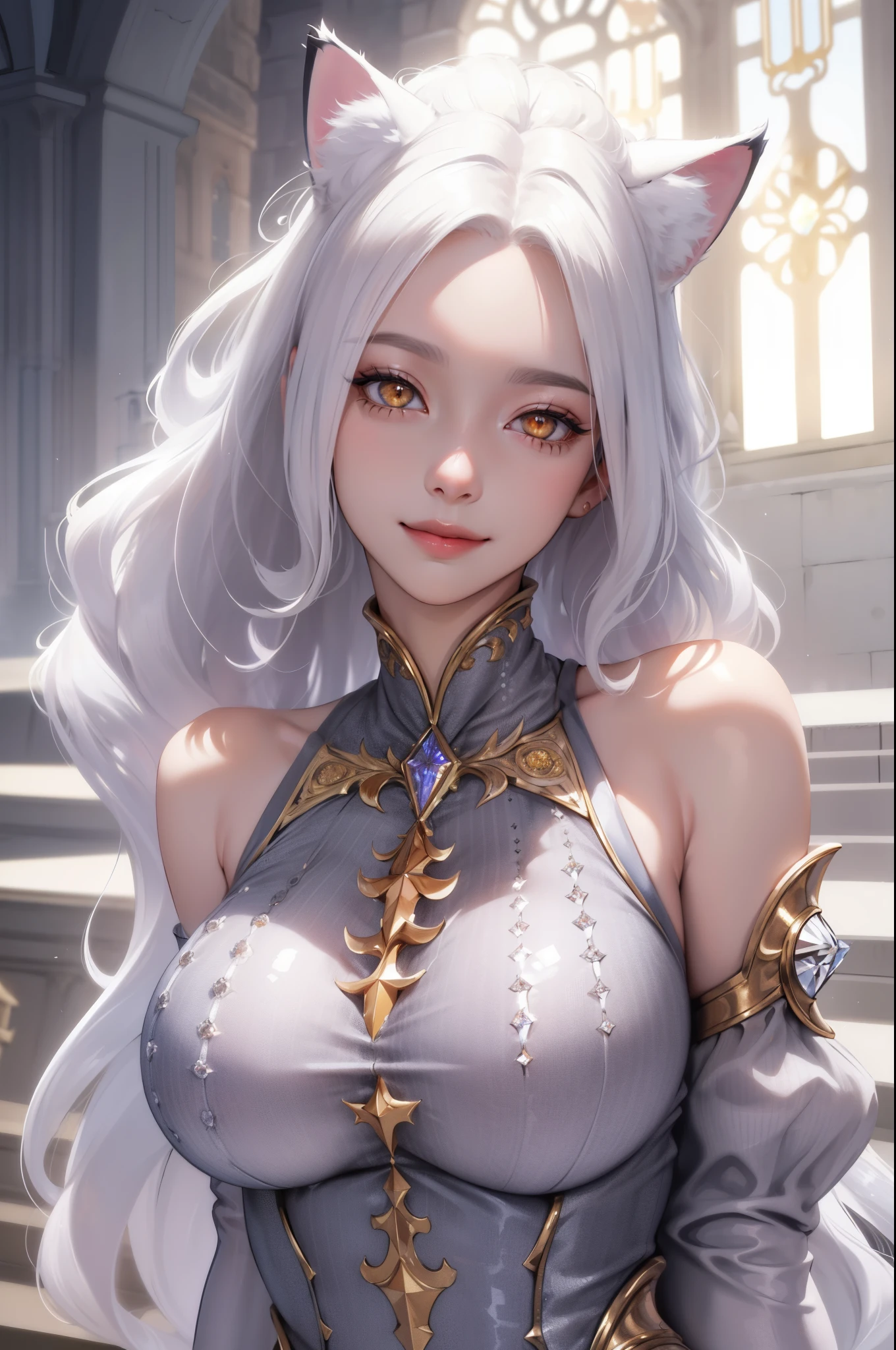 anime girl, white pantyhose, white clothes, white boots, long silver hair, purple eyes, sexy pose, highest quality, cleavage、beautiful eyes、smile