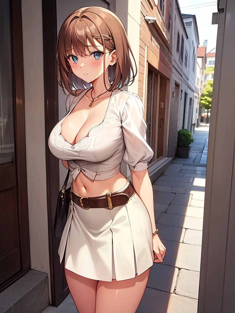 ((leaning forward)), ((alone)), city, street, ((white blouse)), ((wearing a tight beige skirt)), ((blush:1.2)), embarrassed look, 1 girl, hairpin, huge breasts, ((cleavage is visible)), exposed thighs, big ass, short hair, Weak women, ((long and thin legs)), ((thin waist)), thick thighs, cowboy shot, Close your legs, Beautiful woman, adult woman, cute face, cute eyes