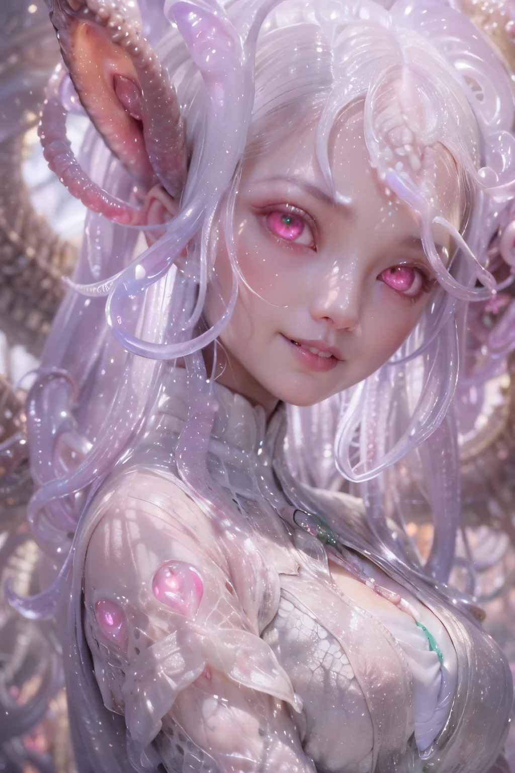 (A portrait of one beautiful and obscene female alien who is a young ager:1.4), ((There is a female genital-like organ in the middle of her forehead:1.8)), (realistic face:1.2), (Numerous award-winning masterpieces, with incredible detail, textures and maximum detail), artistic photography, midnight aura, unreal engine 5, Ultra Sharp Focus, art by Amano Yoshitaka, ArtGerm, Roisch, intricate artwork, ultra realistic realism, high resolution, High freshness, drawing faithfully, official art, Unity 8K Wall paper, ultra detailed artistic photography, dream-like, Creation of fantasy, dream Snail, (biopunk nautilus:1.3),Thrilling color schemes, seductively smiling, Amazing mutation, well-proportioned body, goddess of the deep sea, fractal, Geometric pattern, impossible figures, (translucent white tentacles with luminescent organs:1.4), subtle emerald green accents, (smiling seductively:1.3),(She has the most beautiful face in the history of the universe:1.5), Penelope Cruz, (she is looking down at viewers with glowing red eyes with no pupils:1.3), an evil gaze that seduces, cinematic lighting, (Vampire-like long canine teeth can be glimpsed through the gap between the lips:1.3), in the hall of the palace, Sweet breath is exhaling from beautiful lips, ecstatic expression
