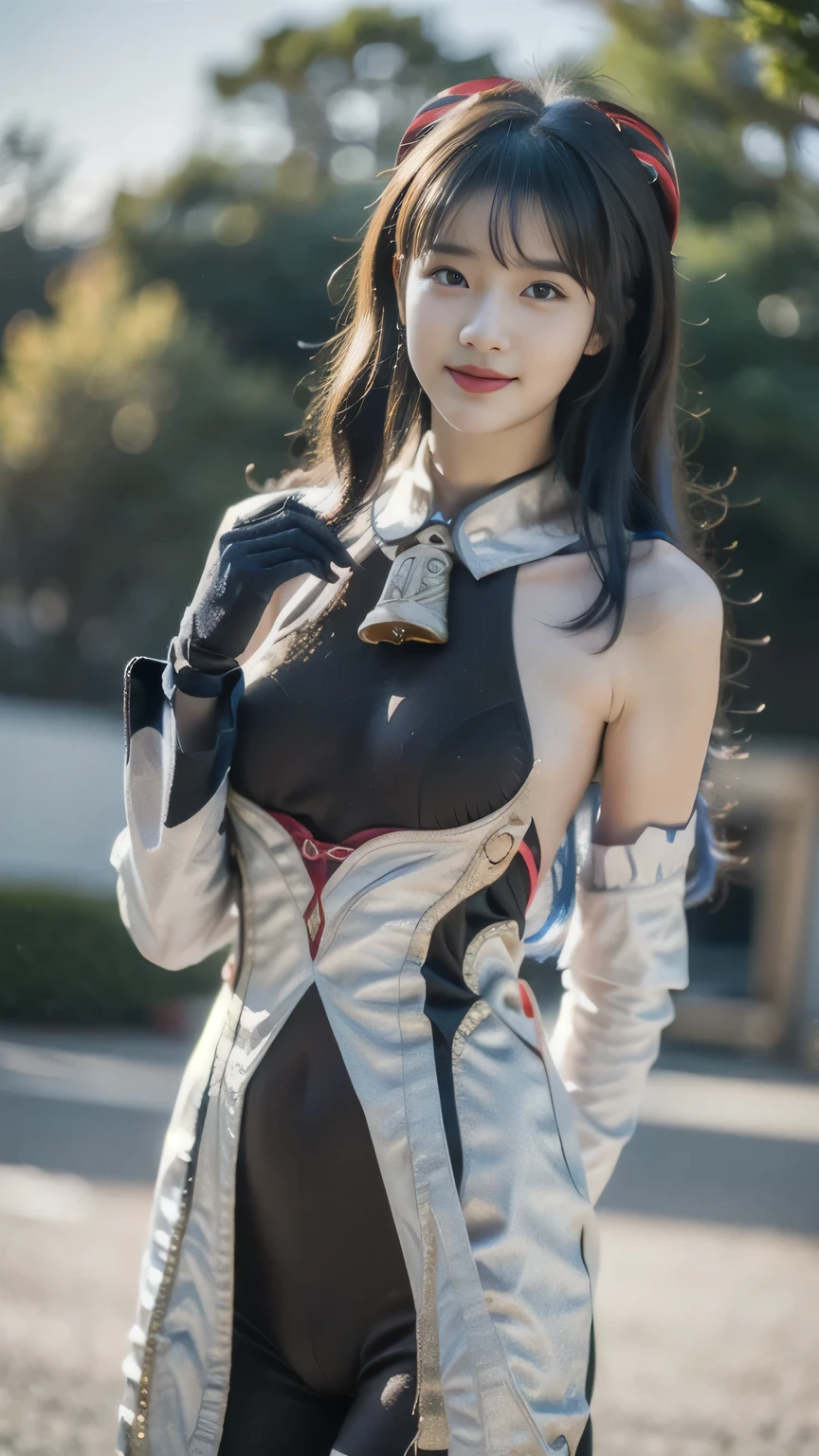 best quality, natural lighting, masterpiece, 1 girl, perfect beautiful face, (photo photo:1.3), edge lighting, photography lighting, (high detail skin:1.2), 8k ultra hd, DSLR, high quality, high resolution, white skin, detailed textured skin, 3/4 body in frame, sexy posing, cute smile face, perfect propotion face, symetric face, eye level shot, 4k, 8k, bokeh, absurd, best ratio four fingers and one thumb, (realistic:1.3), beautiful detailed girl, cute 1girl, blue hair, long hair, bangs, volume hairs, collosal-breast, full looking breast, projecting breast, slim waist, slender, small thighs, perfectly proportion, outdoor background, detailed background, hands behind back, ganyu cosplay costume, cosplay, blue hair, long hair, horns, bangs, ahoge, sidelocks, tight, black bodysuit, body stocking, detached sleeves, gloves, neck bell, chinese knot, tassel, body pose, night view, night lighting, flashing armpits