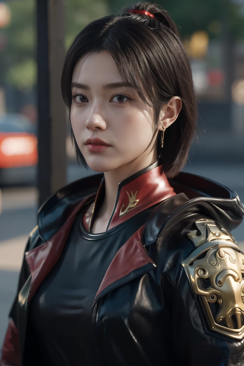 Game art，The best picture quality，Highest resolution，8K，(A bust photograph)，(Portrait)，(Head close-up)，(Rule of thirds)，Unreal Engine 5 rendering works， (The Girl of the Future)，(Female Warrior)， 22岁少女，(Female hackers)，(Short hair，Ancient Oriental hairstyle)，((The pupils of the red eyes:1.3))，(A beautiful eye full of detail)，(Big breasts)，(Eye shadow)，优雅迷人，冷漠，((Anger))，(Cyberpunk jacket full of futuristic look，Joint Armor，There are exquisite Chinese patterns on the clothes，A flash of jewellery)，赛博朋克人物，未来风格， 拍照姿势，城市背景，Movie lights，Ray tracing，Game CG，((3D Unreal Engine))，oc渲染反射纹