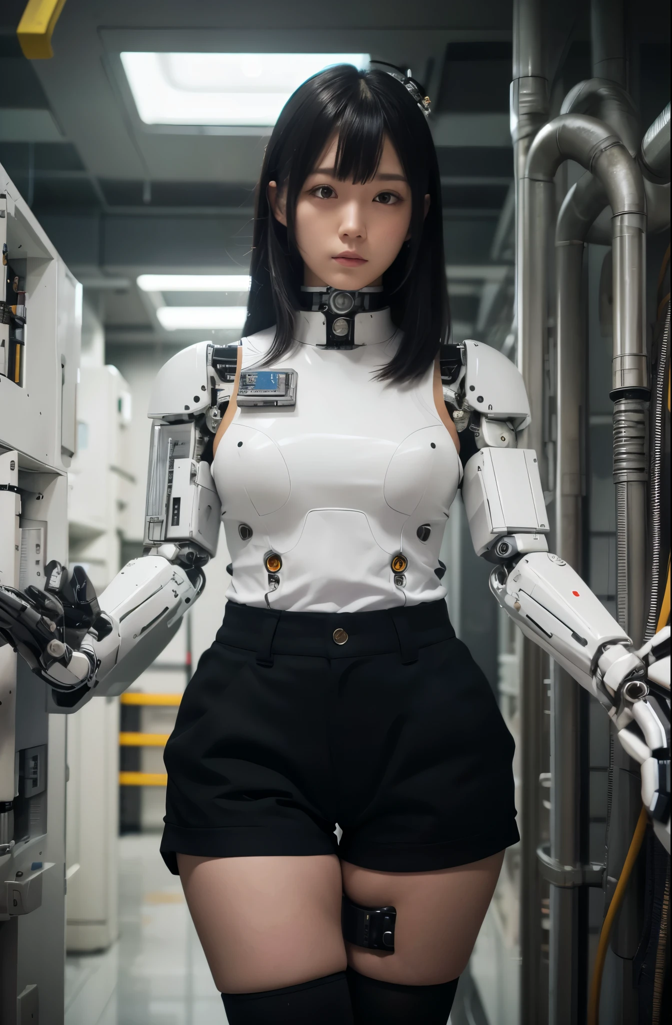 masterpiece, best quality, extremely detailed, Japaese Cyborg girl,Plump , control panels,android,Droid,Mechanical Hand, Robot arms and legs, Black hair,Blunt bangs,perfect robot girl,long tube,thick cable connected her neck,android,robot,humanoid,cyborg,japanese android woman ,future laboratory,connecting a cable between the legs,shortpants,darkblack knee high socks,