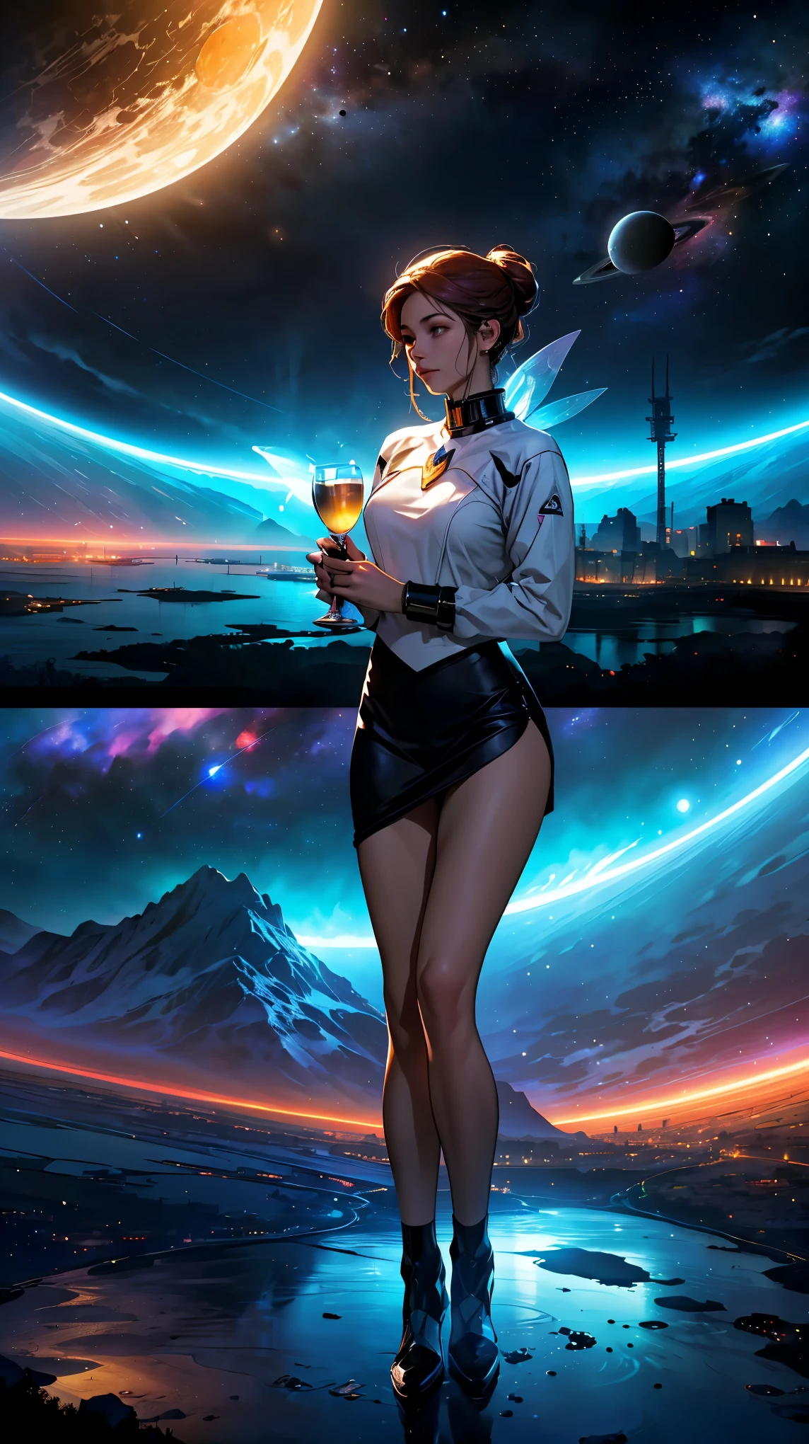 (highest quality, 4K, 8K, High resolution, masterpiece:1.2), super detailed, (realistic, photorealistic, photo-realistic:1.37), luxury space resort hotel, highly detailed landscape, Nice views, clear water, Amazing young ethereal figure, goddess of space and time, direct rotational energy, ((goddess of the universe)), Relaxing lounge area, Impeccable service, delicious cocktails, Fine dining restaurant with panoramic views of the galaxy, Calm and quiet atmosphere, romantic, Soft and warm lighting that illuminates the surroundings, rich and vibrant colors, Luxury and sophistication, (((space girl))), astral fairy, Scenery of a space resort in the near future, 超realistic,best quality