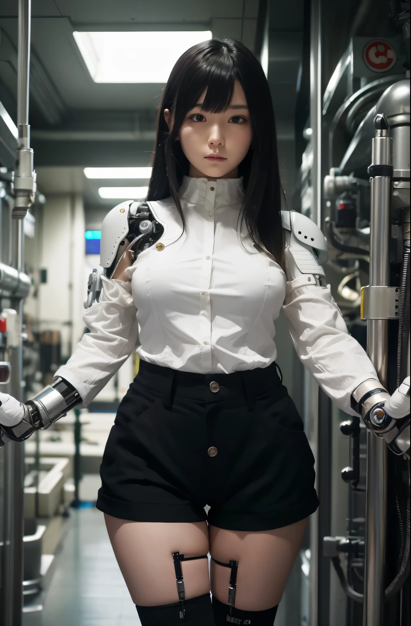 masterpiece, best quality, extremely detailed, Japaese Cyborg girl,Plump , control panels,android,Droid,Mechanical Hand, Robot arms and legs, Black hair,Blunt bangs,perfect robot girl,long tube,thick cable connected her neck,android,robot,humanoid,cyborg,japanese android woman ,future laboratory,connecting a cable between the legs,shortpants,darkblack knee high socks,