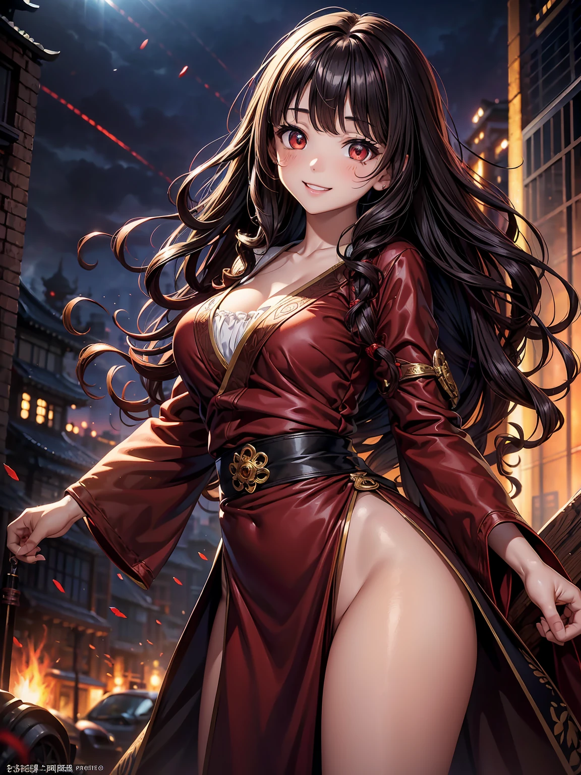 japanese girl, cute、brown hair、iris flower decoration、((Vertical wavy curly hair、Scarlet eyes、drooping eyes:1.2))、shiny and smooth hair, thick bangs、slender body shape、(happy smile:1.2), highly detailed face and eyes, highest quality, ultra high resolution, Super realistic oily shiny skin, Super detailed, 8K, RAW photo, perfect anatomy、Depth of bounds written、 witch costume、Manipulating lightning、((battle scene:1.3))