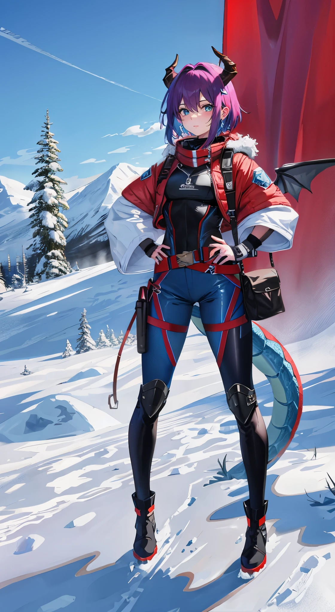 (Ultra-short hair with blue and red highlights),(goggles on her head)close up,dream world,Dragon royal sister,dragon lady,Red and blue short hair,beautiful eyes,snow mountain tundra,polar bay,earrings,(goggles,Tight protective clothing),humanoid, polar tundra background,Explorer, her skin is white, fair complexion,(adventure tights,Tight pants,A pair of dragon horns and wings),boots,leather boots,