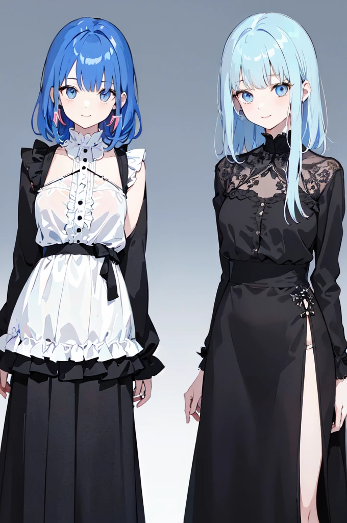 2 women: (women 1:(masterpiece), (best quality), (ultra detailed),(disheveled hair),(illustration), long hair, standing, Fashion model (modern clothes)( black clothes), looking at viewer, (interview), (casual background),beautiful blue eyes, delicate beautiful face ,(high saturation), (colorful splashes), (shining), kamisato ayaka, blue hair (shining), bangs, best lighting, best shadow. smiling) (women 2: (masterpiece), (best quality), (ultra detailed),(disheveled hair),(illustration), short hair, standing, Fashion model (modern clothes)( black clothes), looking at viewer, (interview), (casual background),beautiful blue eyes, delicate beautiful face ,(high saturation), (colorful splashes), (shining), kamisato ayaka, blue hair (shining), bangs, best lighting, best shadow. smiling)