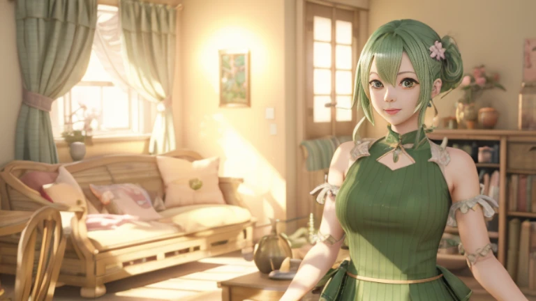 anime - style image of a woman in a green dress standing in a room, beautiful screenshot, stylized anime, atelier lulua, smooth anime cg art, anime styled 3d, close up character, render of a cute 3d anime girl, final fantasy 14 style, style game square enix, fashion gameplay screenshot, anime stylized, main character