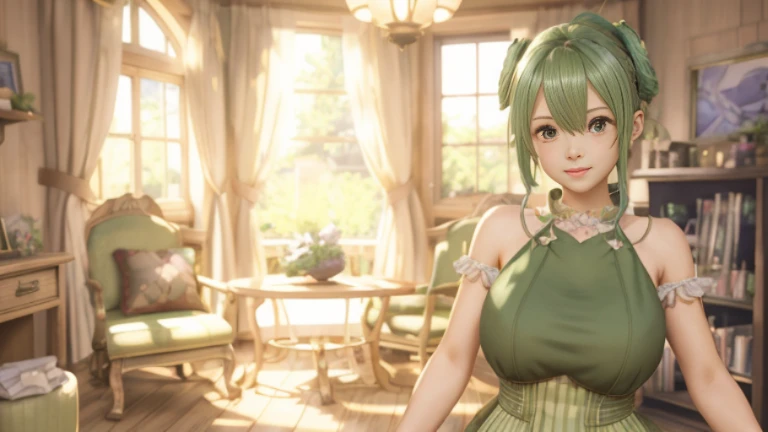 anime - style image of a woman in a green dress standing in a room, beautiful screenshot, stylized anime, atelier lulua, smooth anime cg art, anime styled 3d, close up character, render of a cute 3d anime girl, final fantasy 14 style, style game square enix, fashion gameplay screenshot, anime stylized, main character
