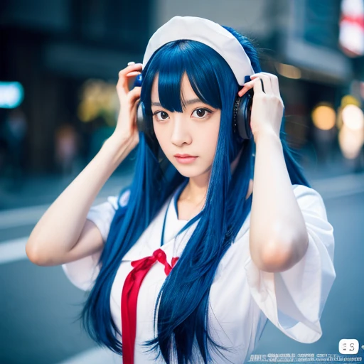 Solo shot of an idol similar to Eri Kamei, 『Evangelion New Theatrical Version』Cosplay as Rei Ayanami. She should have blue hair, red eyes, and pale skin. She wears Rey's signature white sleeves, Decorated with white bandages. Her stoic expression was evident, big breasts and big breasts、Jack's headphones were prominently displayed on her head. The background should hint at the world of Evangelion, Probably inside NERV. Lighting should emphasize the features of laziness, 特に彼女のred eyesと青い髪.
mediate: photography
style: Anime meets reality, Combines Evangelion's anime aesthetic with real idol photos.
lit: Soft but dramatic, 彼女の淡い肌と彼女の服の明るいcolorのコントラストを強調します.
color: Dominant blue and white, reddish.
composition: Single-lens reflex camera, 85mm lens, When clearly in focus on idle background、Slightly blurry,Depth blur.
--16 pieces:9 - V5.1 --Style Raw --Q 2 --S 750