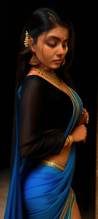 Most beautiful Tamil girl  wear half saree, wearing bufferfly ear rings 16k resolution high detailed long thick hair hyper realistic wet body wet hair background beach 