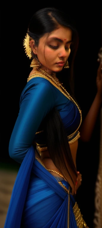 Most beautiful Tamil girl wear half saree, wearing bufferfly ear rings 16k resolution high detailed long thick hair hyper realistic wet body wet hair background beach