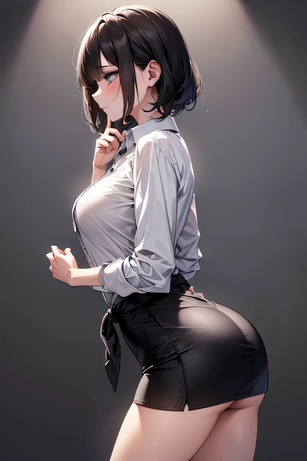 from side, best quality, 32k, RAW photo, incredibly absurdres, extremely detailed, delicate texture, beautiful lady, suck one's thumb pose, amorous and lewd expression, shy, wearing unbuttoned dress shirt and miniskirt tied at the waist, pose with butt sticking out, perfect body line, professional lighting