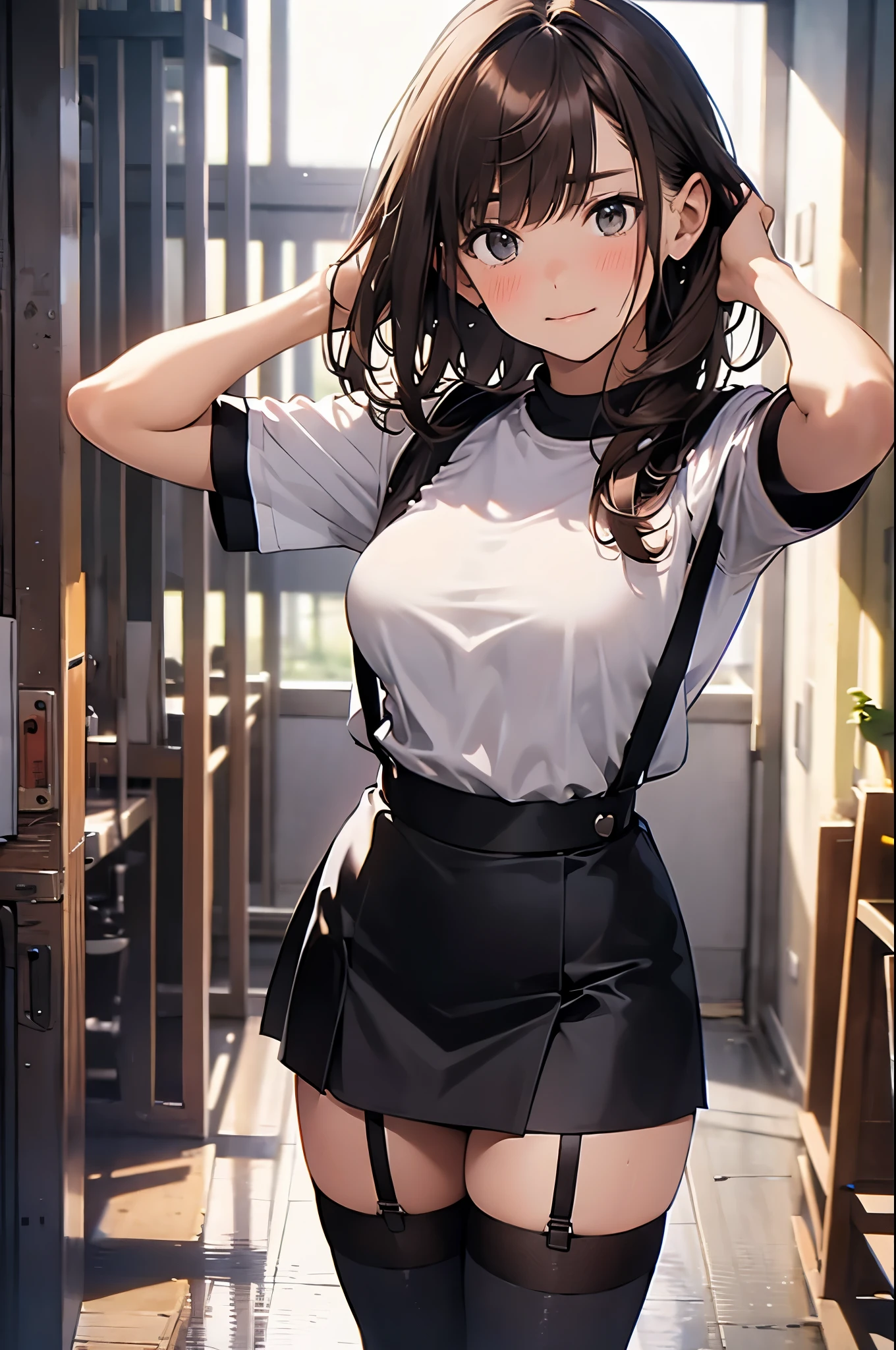 brown hair、looking at the viewer　　suspenders　　　Bulging big breasts　　 　 　　　　Black miniskirt　garter belt　knee high socks　　　　　　Gaze　　　small face　bangs 　　　　　Beauty　　hands up　　 　Gaze 　black boots 　provocation　　armpit sweat　one person 　　put your hands behind your back　cutter shirt　　Panty shot
