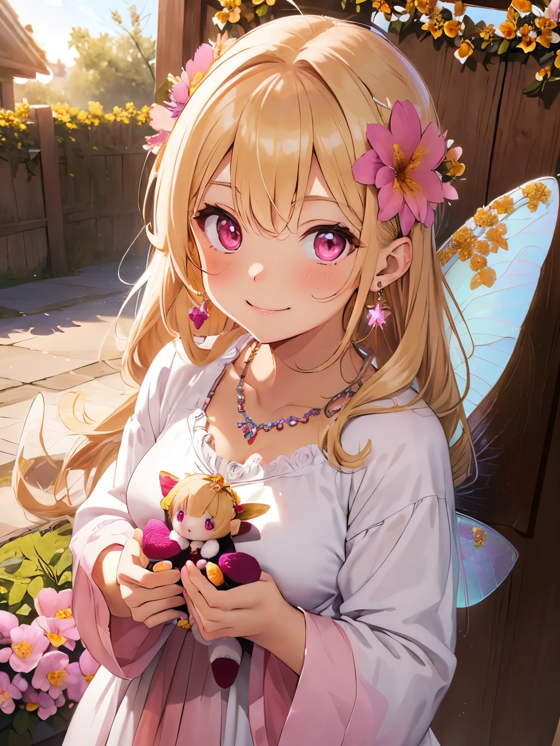 character//1 girl,(Blonde hair with a shiny ring of light:1.2),((Long curled hair:1.2)),(With bangs),((Halo is shining:1.3)),BREAK//(Adorable robe like a princess:1.3),(Colorful Nails),((berry pink eyes:1.4)),((Necklaces and earrings that emit beautiful light:1.2)),BREAK//((cute smile:1.2)),((Lots of flowers around and a fairy that looks like a stuffed animal:1.6)),BREAK//(blush),((close up of face:1.2)),BREAK//((a sacred place like heaven:1.3)),(((flower gate))),