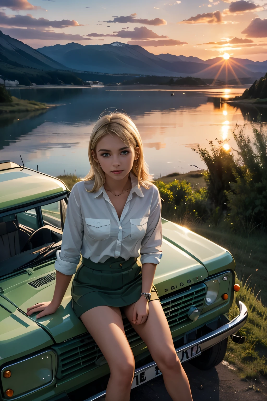 1girl looking at the sunset, nice scenery of a lake behind, watercolor style, sitting on the hood of a car, blonde, enjoying the sunset, sitting on Land Rover, Land Rover Series III 109, sage color, parked.