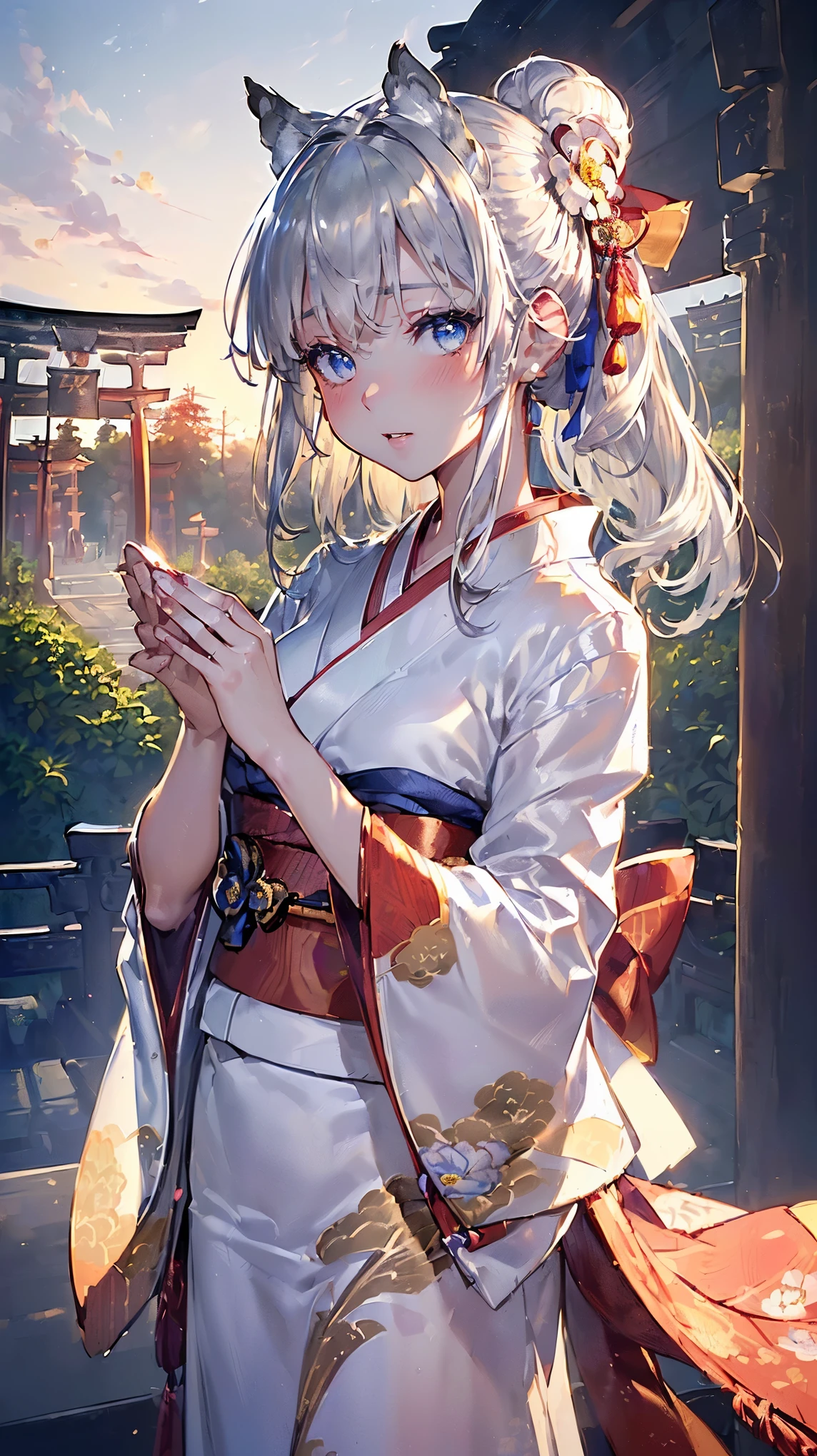 (((Masterpiece))), (((Highest quality))), ((Ultra-detailed)), ((Super fine illustration)), ((Ultra-fine painting)), (16K highest quality wallpaper:1.4), (Upper body:1.6), HDR, (Highly detailed and delicate illustration style:1.8), Detailed skin texture, Detailed cloth texture, Extreme detailed description, (T-masterpiece), (Highly detailed face:1.2), (Highly detailed silver fox ears:1.2), (Highly detailed shiny silver half updo:1.2), (Highly detailed clear eyes:1.2), Original, RAW photo, Professional, Intricate details, Super details, Direct light:1.6, (Perfect anatomy:1.4), (Highly detailed hands:1.2), (Highly detailed fingers:1.2), (Highly detailed fingertips:1.2), (16-years-old), Real, (Solo:1.8), ((A very beautiful and cute silver fox girl who is an idol and wears a bright red long-sleeved kimono with a floral pattern:1.4)) BRAKE (Beautiful and adorable silver fox ears:1.6), (Highly detailed and delicate silver fox ears:1.4), (Beautiful and well-shaped big breasts), (Beautiful and well-shaped buttocks), (Beautiful and shiny silver half updo:1.6), (Highly detailed and delicate silver half updo:1.2), (Beautiful clear blue eyes that shine with great detail:1.6), (Highly detailed and delicate blue eyes:1.2), (Highly detailed face:1.4), (Smile:1.3), (Blush:1.4), (Looking at viewer:1.4), (Celebration:1.4), Very detailed, beautiful and perfect hands:1.4, Very detailed, beautiful and perfect fingers:1.4, Very detailed, beautiful and perfect fingertips:1.4 BRAKE (Bright red long-sleeved kimono with floral pattern:1.4), (Japanese traditional costume:1.2) BRAKE (Concept art:1.2), (Detailed fantasy art:1.2) BRAKE (Just after noon:1.4), (Very detailed and beautiful Ise Grand Shrine in Mie Prefecture just after noon in the background:1.6), (Standing in front of the torii gate:1.4), (Celebration:1.4), Ise Grand Shrine:1.4, Torii gate of Ise Shrine:1.4, Very beautiful in the sunny sky background just after noon:1.4 BRAKE