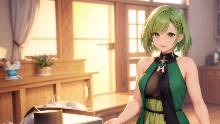 short hair , anime - style image of a woman in a green dress standing in a room, beautiful screenshot, stylized anime, atelier lulua, smooth anime cg art, anime styled 3d, close up character, render of a cute 3d anime girl, final fantasy 14 style, style game square enix, fashion gameplay screenshot, anime stylized, main character