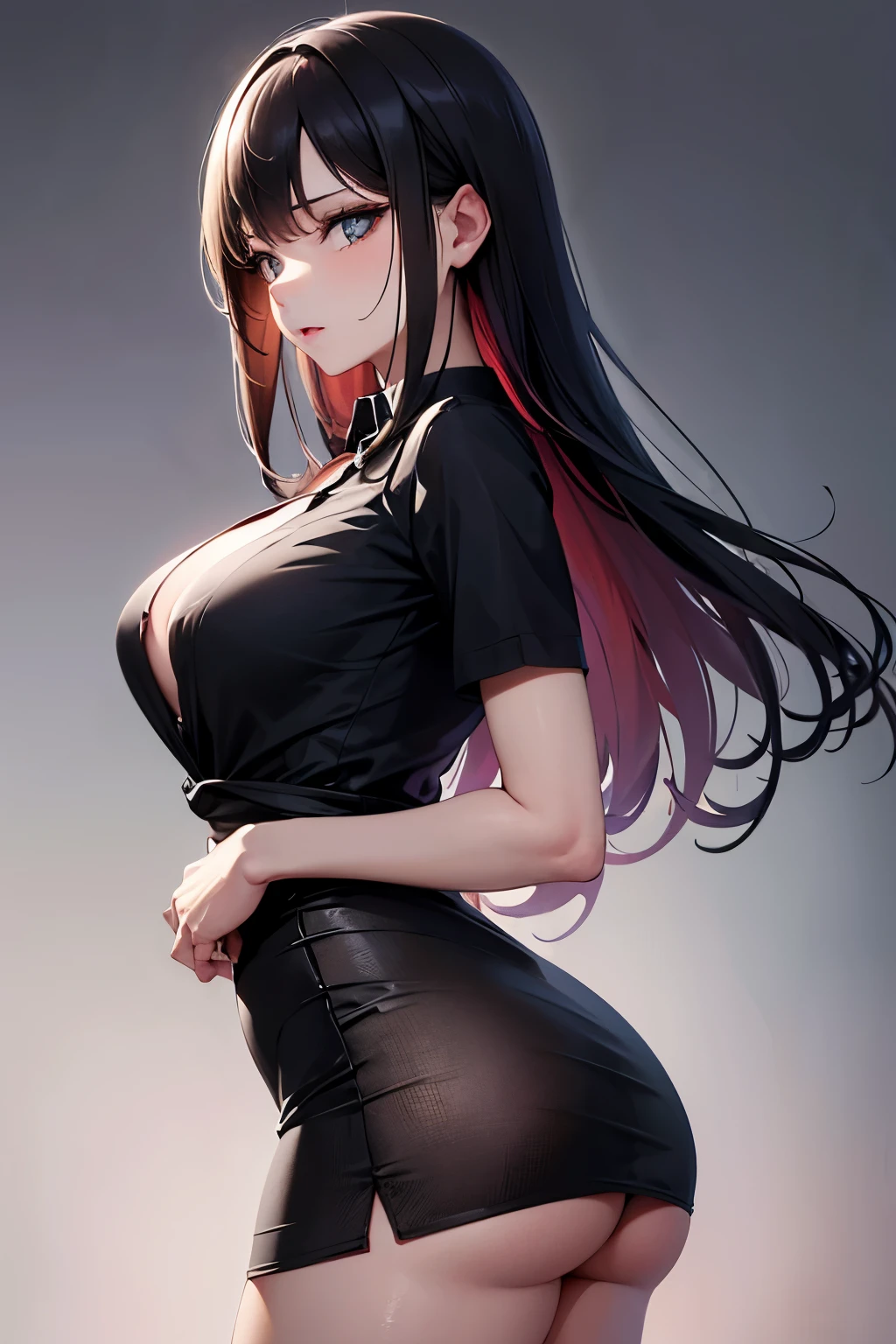 from side, best quality, 32k, RAW photo, incredibly absurdres, extremely detailed, delicate texture, beautiful lady, suck one's thumb pose, amorous and lewd expression, shy, wearing unbuttoned dress shirt and miniskirt tied at the waist, pose with butt sticking out, perfect body line, professional lighting