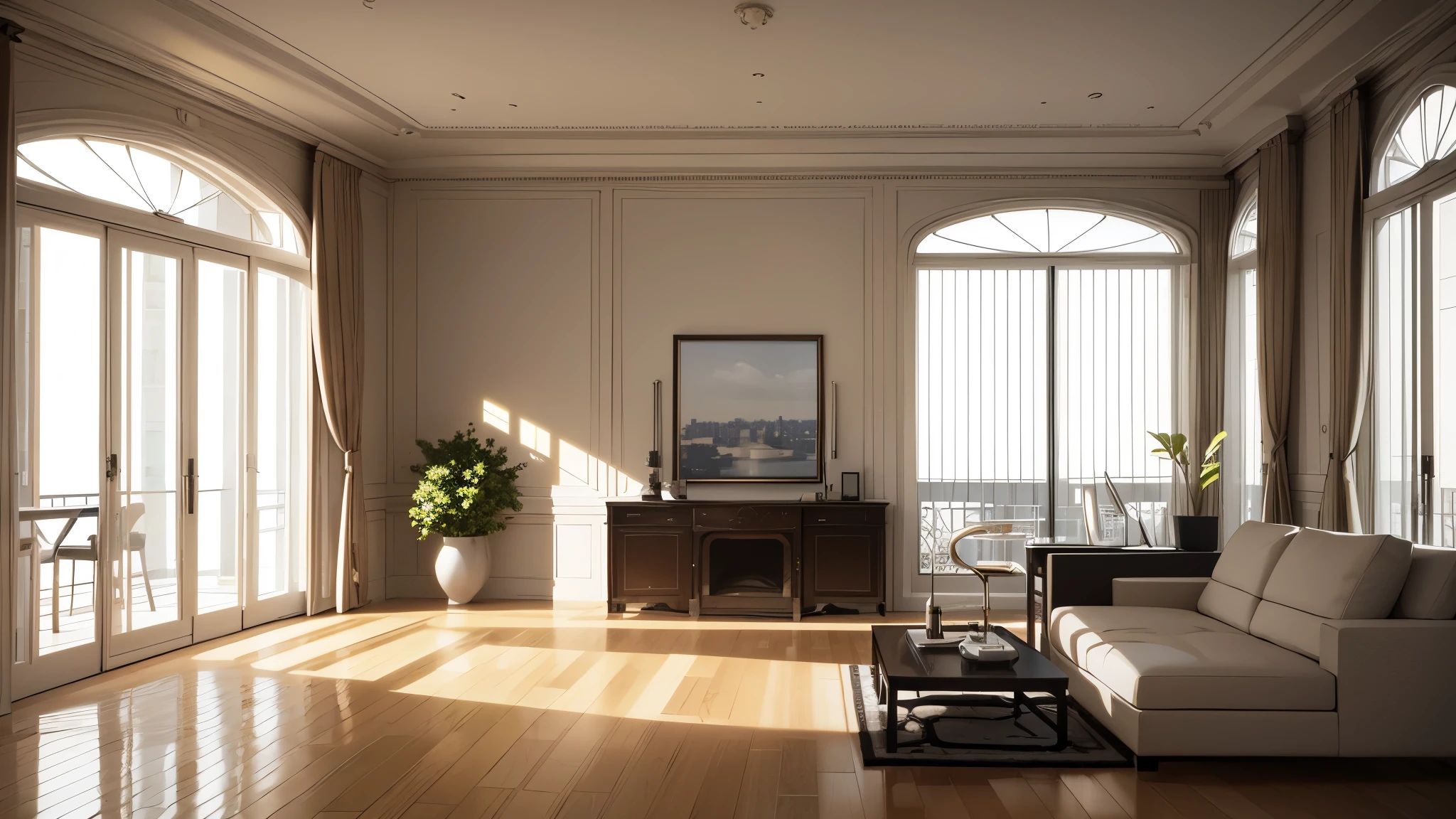 You are a famous interior designer、You have been asked to create a 3D image of a modern large room. Create a harmonious environment with modern and minimalist furniture. Including garden interior.