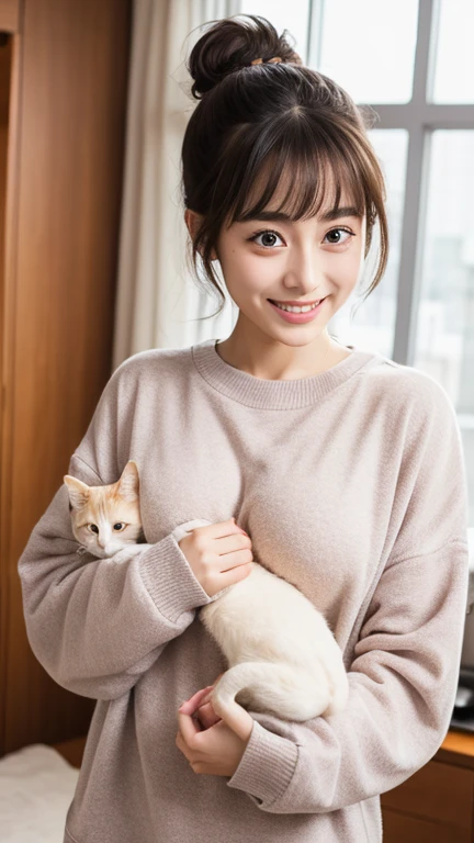 knit、turtle neck、Korea person、bobhair、Brown hair、Cat face、Oku Duplex、At the tip of the nose、Soft lips、Height 158cm、D-cups、Knitted clothes、Black skirt、full body Esbian、Skinny Legs、4K high image quality、Kim Min-ju、A smile、The background is a park、hi-school girl、High school students、a 、Young Face