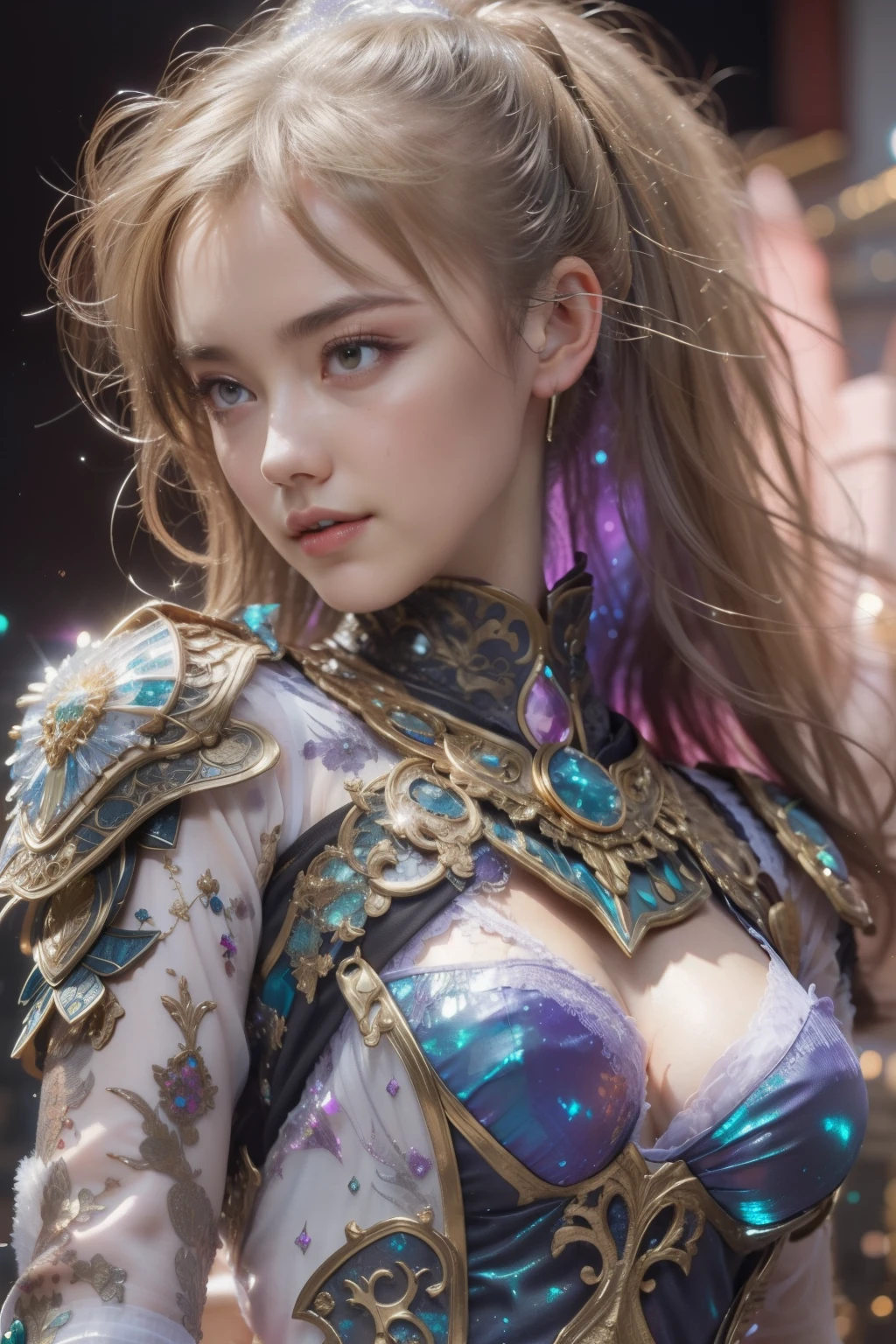 One beautiful teenage italian girl, (18 years old:1.3)、 (Magic Attack Pose:1.6),(magical effects like sparkles or energy:1.6), (Electric shock from hands:1.6), Beautiful seductive face, Portrait, (Thick eyebrows:1.2), (Big purple eyes:1.2), Beautiful eyes with fine symmetry, (Ultra detailed eyes:1.4), (High resolution eyes:1.1), Intimate face, (ultra detailed skin texture:1.4), White skin, pale skin, Perfect Anatomy, Thin, (Beautiful toned body:1.1), Hair Bow, (Moist skin:1.1), full of sweat, No makeup, dark circles, Good anatomy, Focus Face, good-looking, (Emilia Clark:0.6) (Emma watson:0.3),(Jennifer Connelly:0.4), (sensual face:1.5), Elegant face, Nice, Dolce, Cyberpunk Sci-Fi, (Gauntlets with intricate and beautiful designs:1.2), Blurred background, Blurred foreground, depth of fields, (Motion Blur:1.1), (Small breasts:1.2), Sheer breast, (beautiful boob:1.2), (NSFW:1.2), large hips, drivel, grabbing on breasts, (Slim and toned body:1.5), (Low-cut punk medieval armor:1.2), (Bright chrome gold lingerie with sharp reflections:1.2) (Pedras preciosas:1.2), full of sweat, Wetty, (Detailed iridescent bodysuit with beautiful fractal or marble design:1.5), (Beautiful and d delicate ruby or topaz or emerald or sapphire jewelry:1.2), Complex and colorful biomechanical bodysuit, Zentangle, mandalas, Entangled, Vulgarity, beutiful breast,