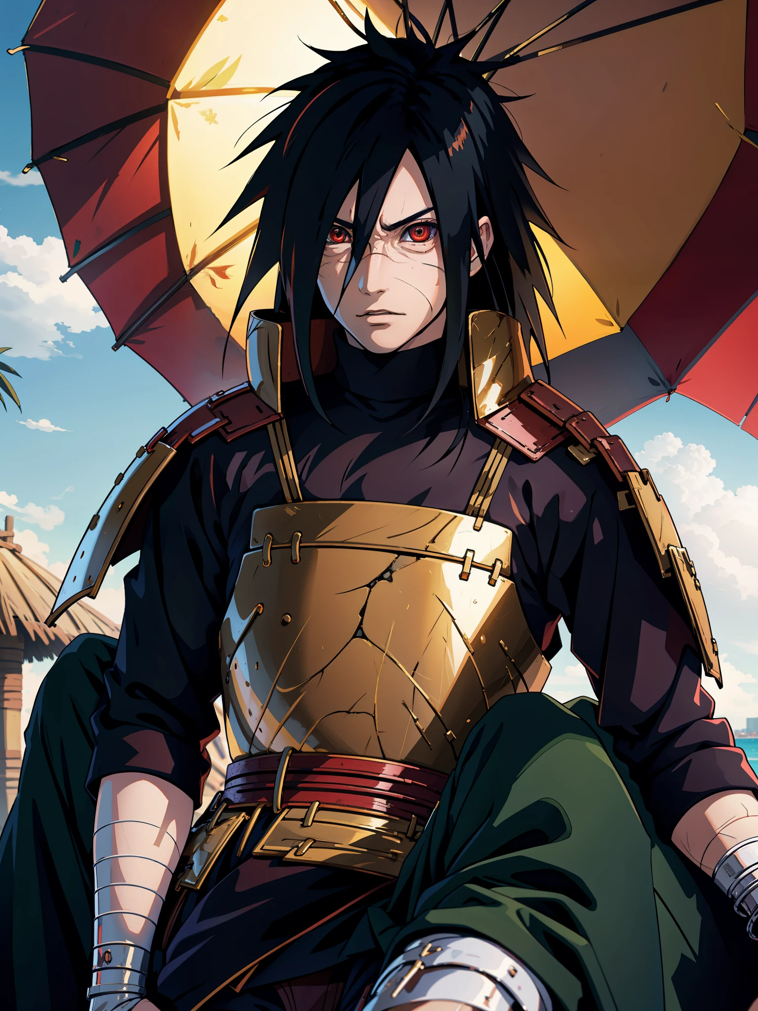 1male, Uchiha Madara from the anime Naruto, with long black hair and piercing red eyes. He has a handsome and confident appearance, with a captivating smile on his face.
He is wearing a set of red clothes that are intricately detailed, showcasing the high-quality craftsmanship and realistic texture. The fabric flows gracefully, accentuating his every movement.
The scene is set in a vibrant beach city background, with the sun shining brightly and casting a warm glow on Madara. The city is bustling with life, with palm trees swaying gently in the breeze and people enjoying their time at the beach. The clear blue sea stretches as far as the eye can see, creating a tranquil and serene ambiance.
The image quality is of the utmost importance, with a focus on achieving the best possible resolution. The details are ultra-detailed, capturing every strand of hair, every wrinkle in the clothing, and every subtle expression on Madara's face. The image aims to be realistic and photorealistic, immersing the viewer in the world of Naruto.
In terms of art style, the image combines the essence of anime and concept artists, blending the dynamic and expressive nature of anime with the meticulous attention to detail seen in concept art. The overall color palette is vibrant and vivid, with a touch of warmth to highlight Madara's presence.
The lighting in the image accentuates Madara's features, casting shadows that add depth and dimension to his face. The sunlight bathes him in a soft, golden glow, further enhancing his striking appearance.
Overall, the prompt aims to depict Uchiha Madara in a realistic and captivating manner, showcasing his iconic features and personality. It seeks to create a stunning image that captures the essence of the Naruto series while showcasing the talent of the artist.