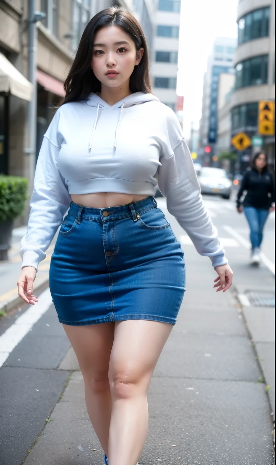 ((best quality)), ((masterpiece)), (detailed), perfect face, araffe woman in a dark-blue hoodie and blue denim skirt walking down a street, thicc, she has a jiggly fat round belly, bbwchan, wearing tight simple clothes, skinny waist and thick hips, widest hips, her belly is fat and round, soft curvy shape, hyperrealistic full figure, wearing a cute top, wide hips