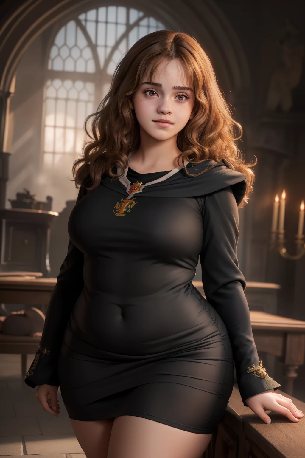 (((masterpiece))), (((photorealistic))), ((8k wallpaper)), (best quality), (one image), (((perfect quality))), ((solo)), (detailed eyes), girl, (((Ermione))), (((Hermione))), very beautiful, pose: (sexy pose, shy pose, standing), face : (young, ((18 years old)), ((most beautiful)), makeup, ((perfect face)), ((small smile)), thin face, ((detailed face)), (simmetric face), ((very beautiful face))) , figure: ( (very full body), ((very chubby)), ((very chubby belly)), ((big deep navel)), (very full figure), ((huge breasts)), ((jiggly body)), ((overweight)), ((very curvy)), (very thicc), (very thick), wide waist, very soft, very curvy, love handles, wide hips, sexy curves, sexy, muffin top, fat ass, very thick thighs, thunder thighs) , clothes : ((tight black dress))