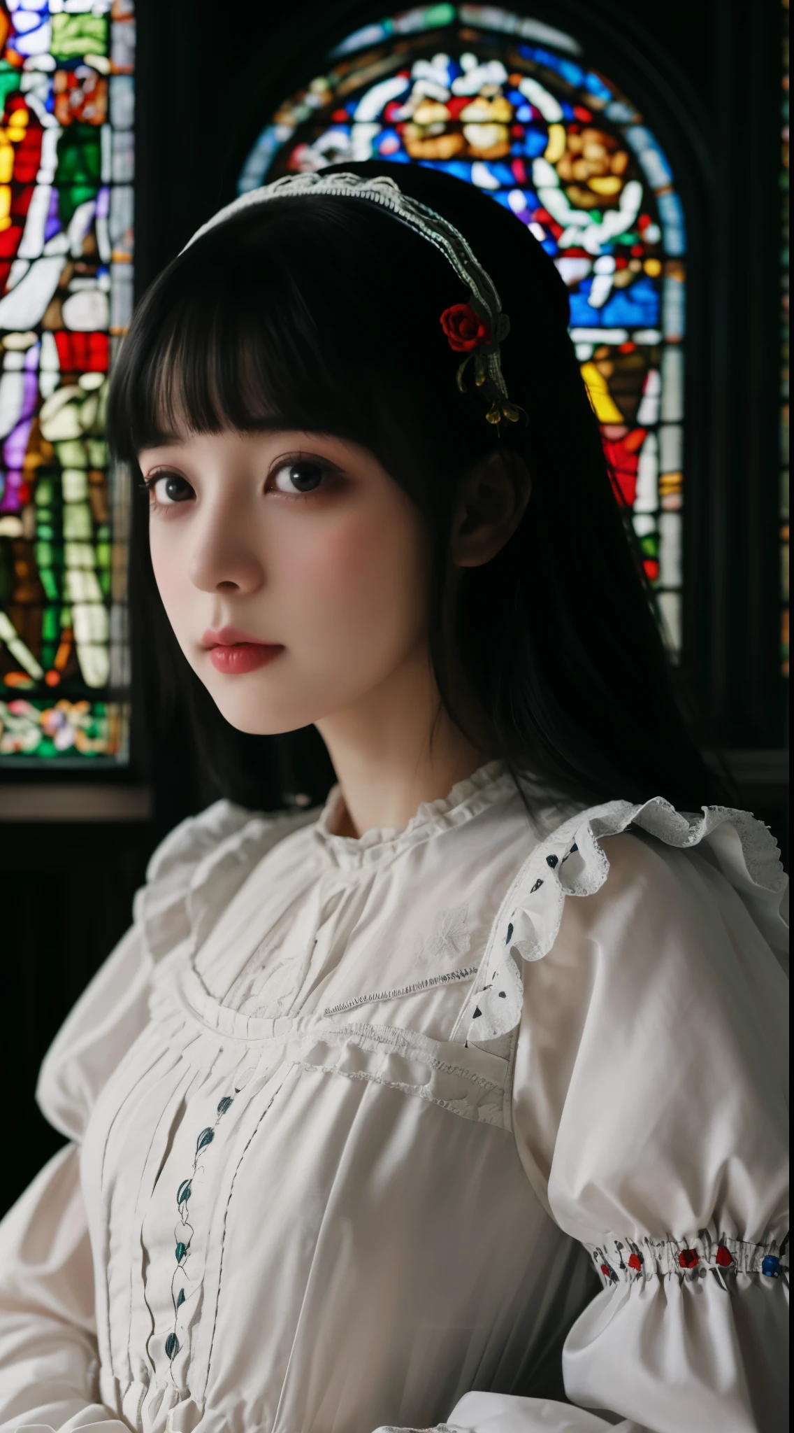 (((hyper-realistic from Close-up portraits))), (((very super Masterpiece))), (((very super Realism Photo))), (((A dark room in a very very overdecorated Gothic church, Very beautiful stained glass windows))), very pretty and lovely Japanese woman, , off-the-shoulder, (((very short bob with bangs))), (((black hair))), (((Large slit very very big eyes))), (((moist eyes reflecting the light))), (((Very ornate gothic lolita fashion with lots and lots of platinum embroidery))), long eyelashes, thin nose, small mouth, glossy beige lips, thin chin, clear healthy white glossy skin, slender body.