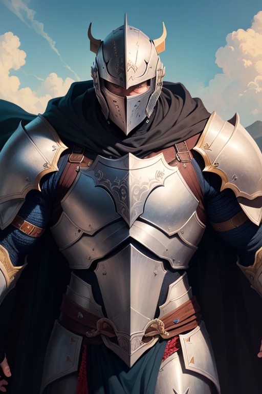 (extremely detailed, masterpiece, best quality, dynamic pose),1 male, knight, heavy armor, armored face, black cape, blue sky, 8k, portrait
