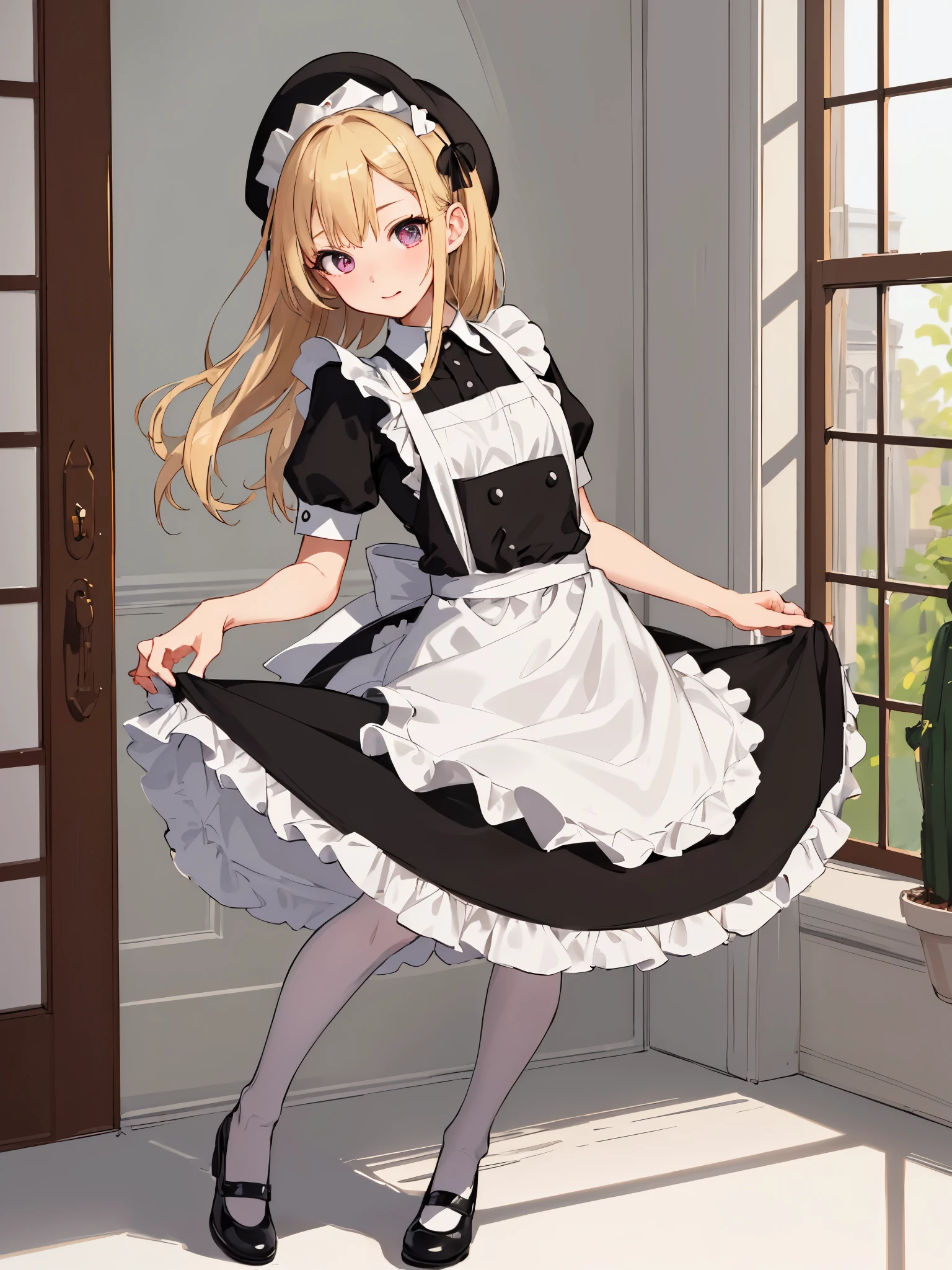 (masterpiece, highest quality)、full body description、１girl、blonde、Maid clothes（black dress、white apron、white brim）、Ruby eyes、Coming running