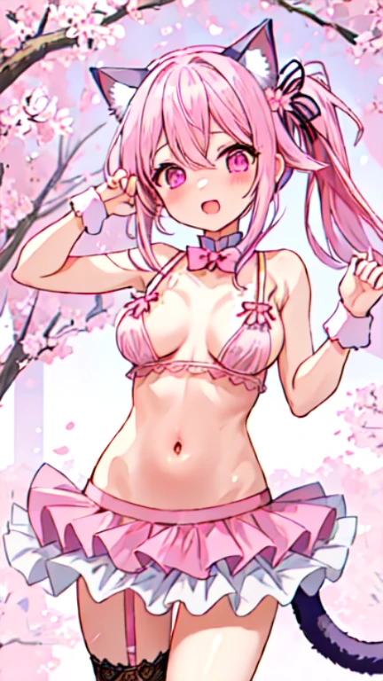 ((NSFW)),Masseter muscle part, (masterpiece、highest quality、8K ),intricate detailes,ultra-detailliert,soft focus、Harusame、side ponytail, pink hair、、sparkling eyes、Navel exposure、Cat ear、tail、underboob、(((Pink idol costume:))),(((lingerie))),ruffle skirt、Poses that fascinate a man、