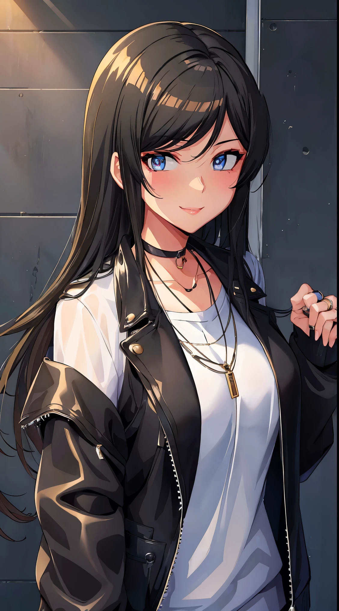 (masterpiece, best quality:1.2), tsubakid4dj, looking at viewer, shirt, long sleeves, jewelry, very long hair, closed mouth, collarbone, jacket, white shirt, upper body, open clothes, choker, shiny, necklace, shiny hair, open jacket, black jacket, swept bangs, ring,  leather, leather jacket