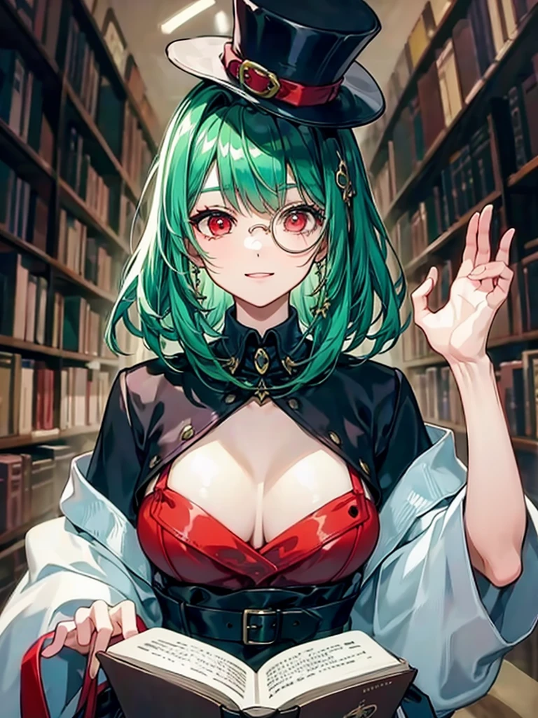 (((masterpiece、Highest image quality、highest quality、highly detailed unity 8kwallpaper)))、((Illustration of one girl、upper body))、(((beautiful girl)))、(librarian)、(Emerald green hair、messy hair、sidelocks:1.2、red eyes、crazy smile)、(((flat chest)))、(((monocle)))、pocket watch、(((Black top hat、Black tuxedo、belt)))、great medieval library、Large amount of books