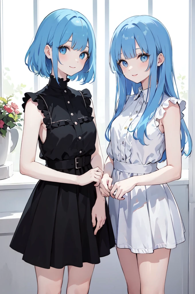 (masterpiece), (best quality), (ultra detailed),(disheveled hair),(illustration), ((twins sisters)(2woman)), one sister with long hair and one with short hair, standing, Fashion model ( modern clothes)( black clothes), looking at viewer, (interview), (casual background),beautiful blue eyes, delicate beautiful face, ,(high saturation),(colorful splashes),(shining), kamisato ayaka, blue hair (shining), bangs, best lighting, best shadow. smiling
