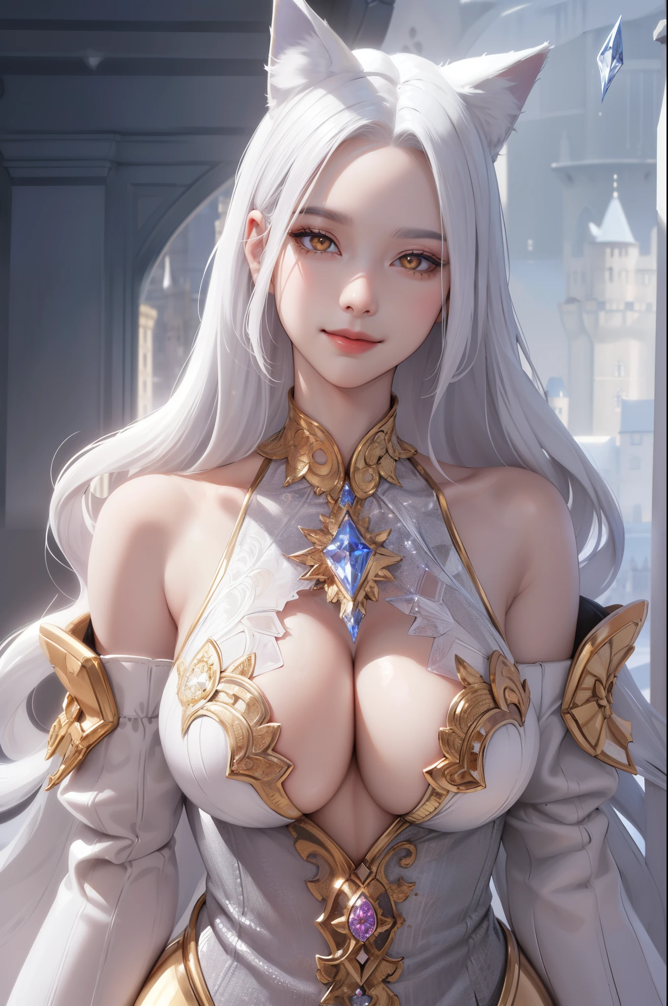 (masterpiece:1.2, best quality), (real picture, intricate details), (1lady, solo), full body, close-up body, casual, natural fabrics, smile, Top Quality, Masterpiece, Hi-Res, Beautiful Face, photography, High Resolution, 4k, 8k, Asian face, platinum arm sleeve, detailed face, detailed eye, exposed shoulder, (((golden eyes, platinum cat ears, giant breast:1.5, platinum hair:1.5, crystal clothes:1.5, long curly hair:1.5, forehead, long locks))), ((platinum hair:1.5, crystal clothes:1.5)), ((background castle: 1.5)), crystal crown,